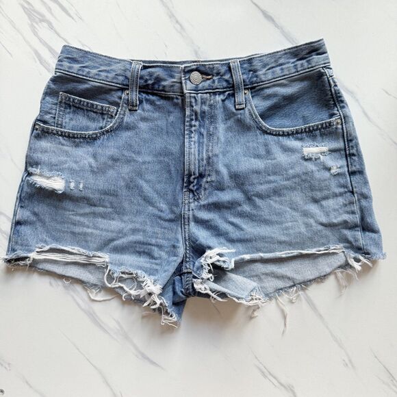 EUC Uniqlo Shorts Womens 25 Blue Denim Jean High Rise Cutoff Distressed Pockets - Picture 14 of 14